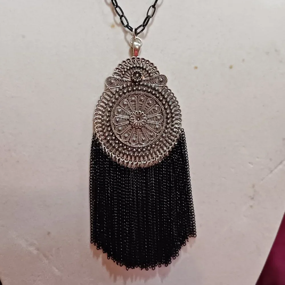 Handmade Black and Dark Silver Tassel Statement Fashion Medallion Necklace - Picture 3 of 8